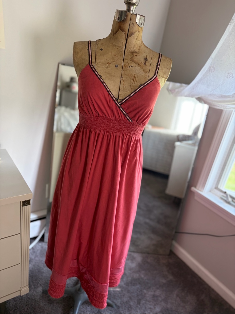 Vintage Y2K 100% Cotton Sundress Midi Dress in Coral Red